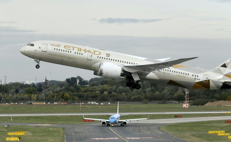 A Boeing 787-10 Dreamliner of Etihad airline on take-off from Duesseldorf, Germany