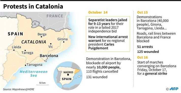 Map of Catalonia showing where protests occurred since the conviction and heavy jail terms for separatist leaders