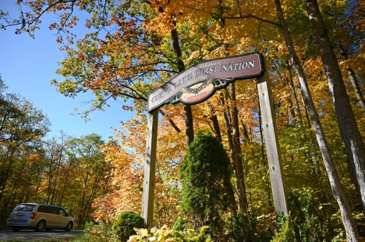 A sign marks the beginning of the Curve Lake First Nation territory in Curve Lake, Canada