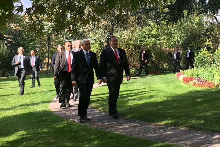 The Turkish operation has triggered a flurry of diplomacy among major powers. US Vice President Pence, left, is shown walking alongside Secretary of State Mike Pompeo outside the US ambassador's residence in Ankara
