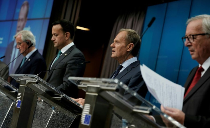 (L-R): EU chief Brexit negotiator Michel Barnier, Irish Prime Minister Leo Varadkar, European Council President Donald Tusk and European Commission President Jean-Claude Juncker speak at a press conference during a Brexit summit in Brussels