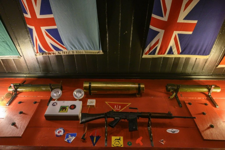 War memorabilia found on 1982 Falkland War's battle fields is displayed at The Globe Tavern in Stanley