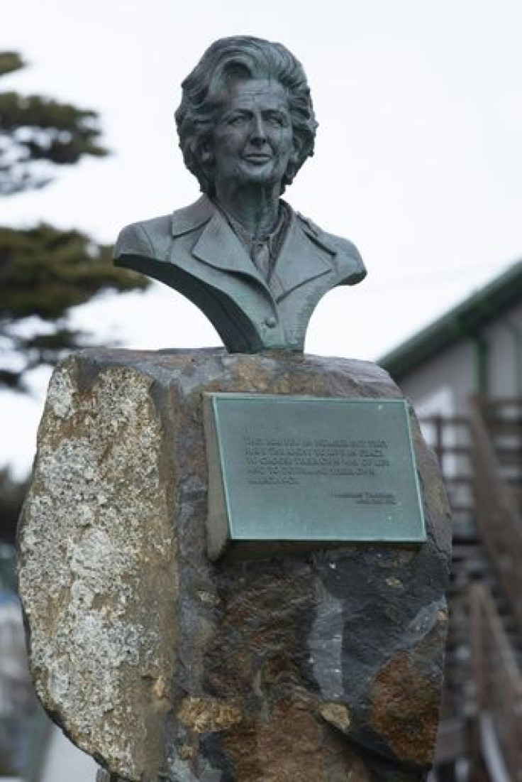 A bust of British Prime Minister Margaret Thatcher, who was in power during the Falklands War. In a 2013 referendum, 99.8 percent of islanders voted to remain British