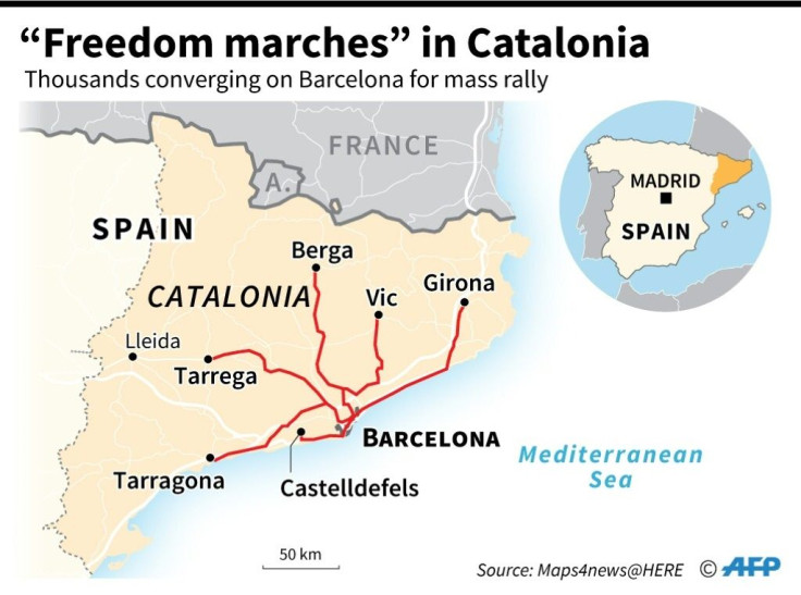 Map of "freedom marches" in Catalonia which will converge in Barcelona Friday, the day of a general strike, after 9 separatists were sentenced to jail terms of up to 13 years.