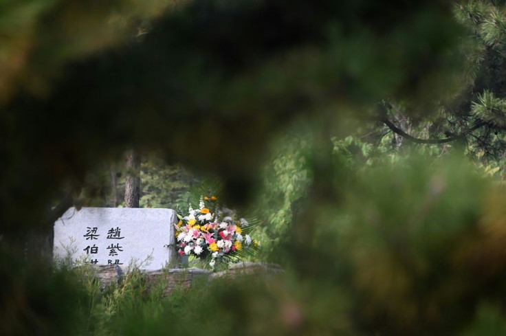 The simple grey headstone of former Chinese Communist Party leader Zhao Ziyang at the Changping cemetery, where a day after his burial three people were seen paying their respects despite heavy security