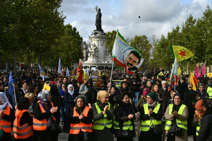Kurdish demonstrators in Paris waved flags bearing the picture of Kurdish leader Abdullah Ocalan who has been behind bars since 1999