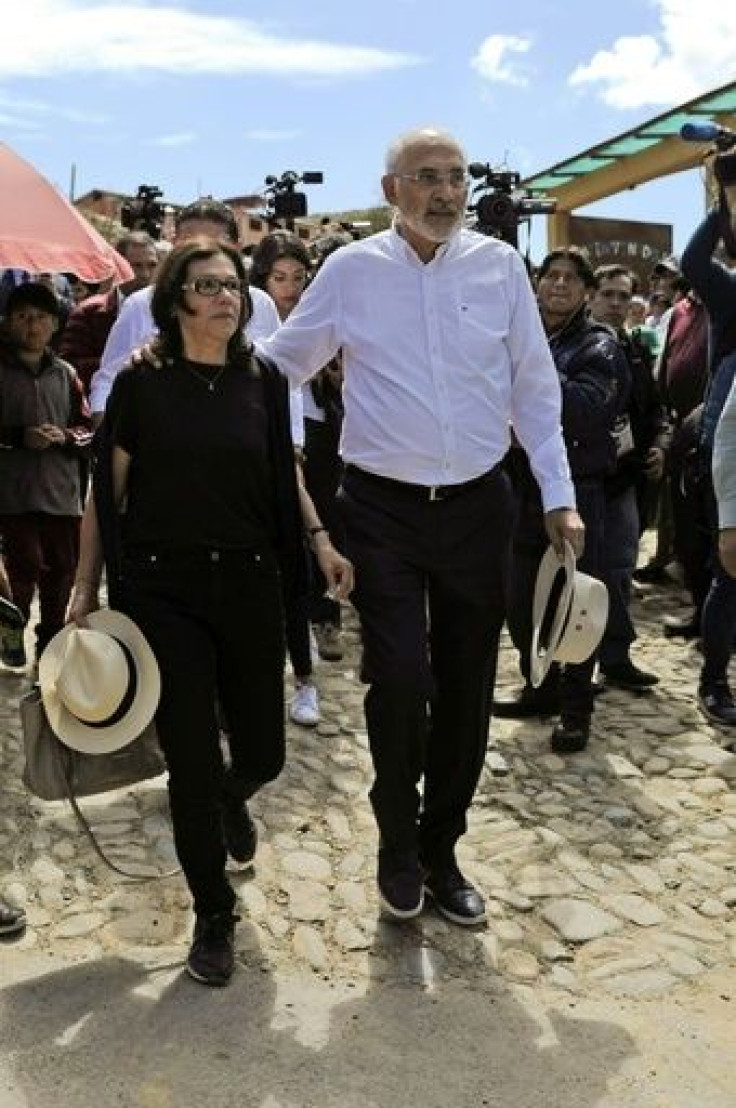 Opposition candidate Carlos Mesa (R), a former president, is pictured after casting his vote in La Paz