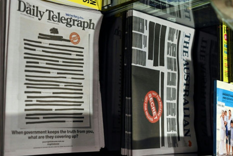 Australia's leading newspapers blacked out Monday front pages in protest against government secrecy and a crackdown on press freedom