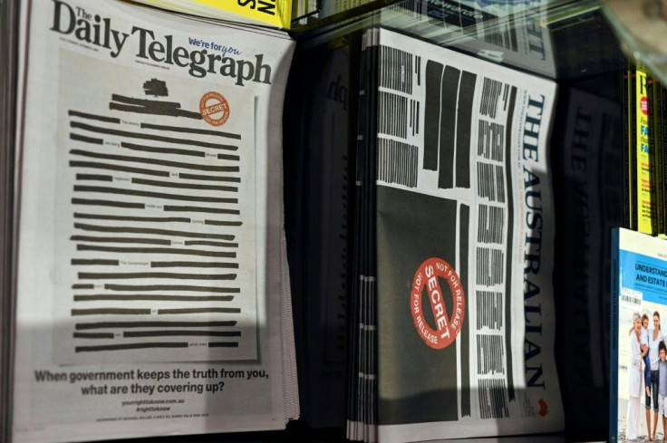 Australia's leading newspapers blacked out Monday front pages in protest against government secrecy and a crackdown on press freedom