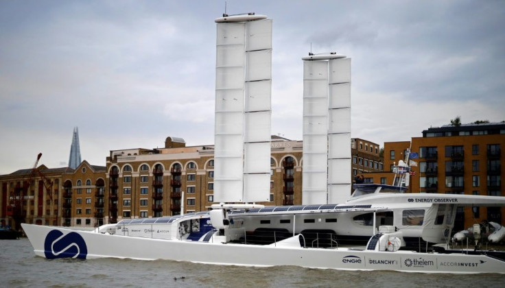 The hydrogen-powered Energy Observer boat, on the Thames river in London on October 3, 2019, uses sails from the French naval design firm VPLP. Similar sails are planned for a new cargo ship for European rocket-maker Ariane Group.