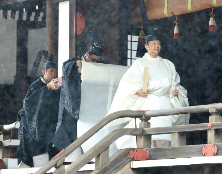 The day's proceedings began with Emperor Naruhito visiting a series of "sanctuaries" to report the ceremonies to his ancestors and the gods