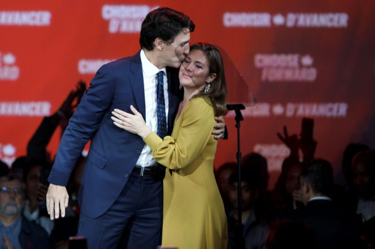 Canadian Prime Minister Justin Trudeau celebrated with his wife Sophie Gregoire after his Liberal Patry was declared winners or leading in a majority of the nation's electoral districts