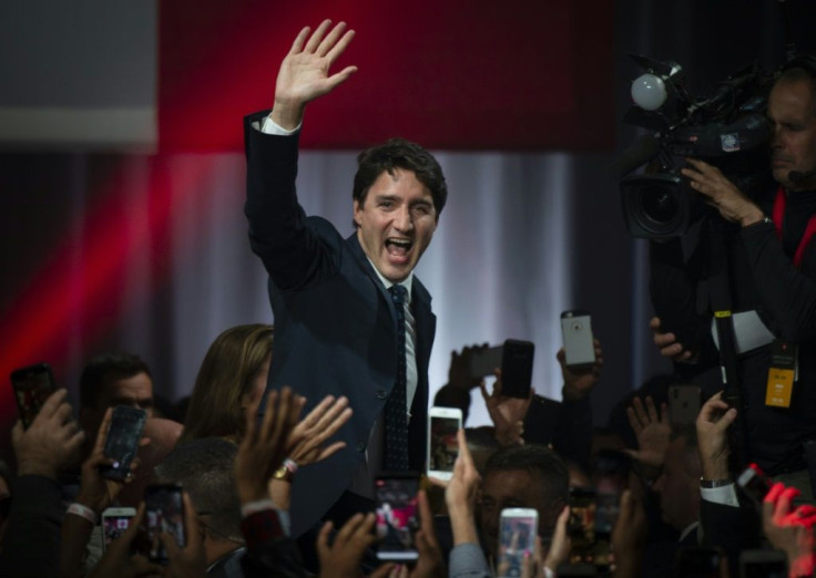 Prime Minister Justin Trudeau celebrates his victory with his supporters at the Palais des Congres in Montreal