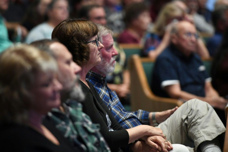 Paradise Mayor Jody Jones and her husband attend a monthly town meeting on October 1 for updates on fire recovery