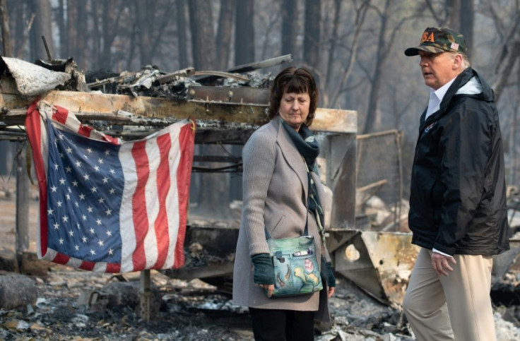 Paradise Mayor Jody Jones views damage from the fire in November 2018 with US President Donald Trump