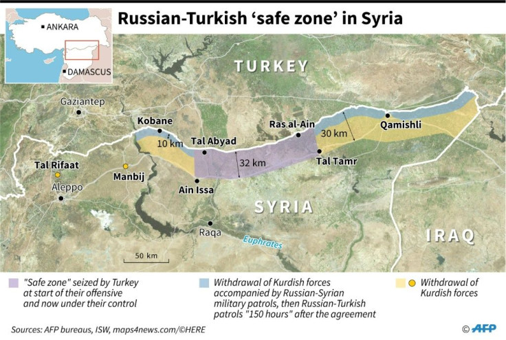 Map locating the Turkish "safe zone" in northeastern Syria as agreed by Russia and Turkey, in which Kurdish forces withdraw before deployment of Russian and Syrian military patrols then Russian and Turkish.