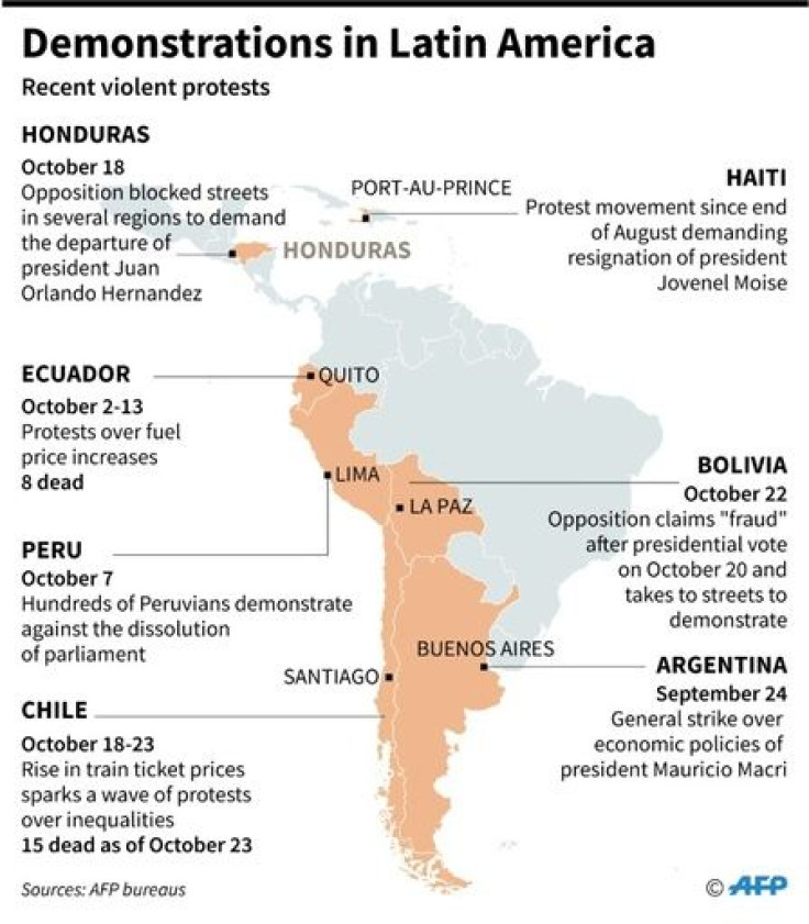 Map of Latin America showing countries where major protests have occurred in recent months