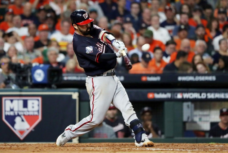Washington's Kurt Suzuki hits a solo home run in the Nationals' 12-3 victory over the Houston Astros in game two of Major League Baseball's 2019 World Series