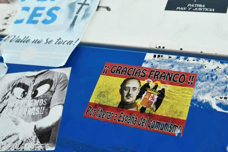 Stickers and posters in support of the late dictator, one of which reads: "Thank you Franco for saving Spain from communism"