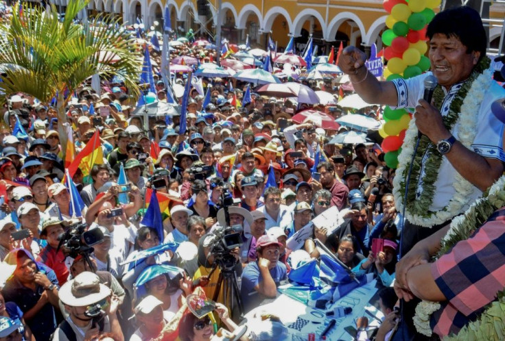 Bolivian President Evo Morales speaks to supporters in Cochabamba, Bolivia, on October 24, 2019