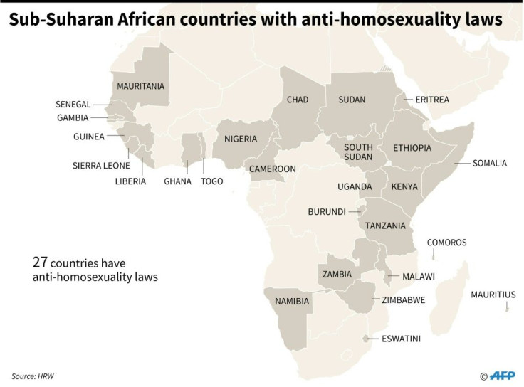 Map of Africa showing the 27 countries with anti-homosexuality laws, according to Human Rights Watch.