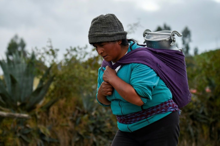 An Ecuadorean indigenous woman carries a jug with milk to sell in Cayambe, Ecuador on October 16, 2019.Ecuadorean indigenous people return to their daily life after reaching an agreement with Ecuadorean President Lenin Moreno to end violent protests regar