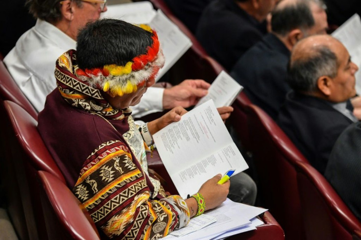 A representative of one of the Amazon rainforest's ethnic groups reads a document