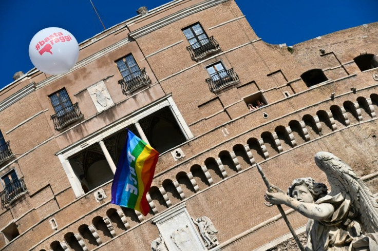 Protesters released balloons bearing the slogan "Raggi no more" to slam the record of Rome's first female mayor Virginia Raggi of the M5S Five Star movement