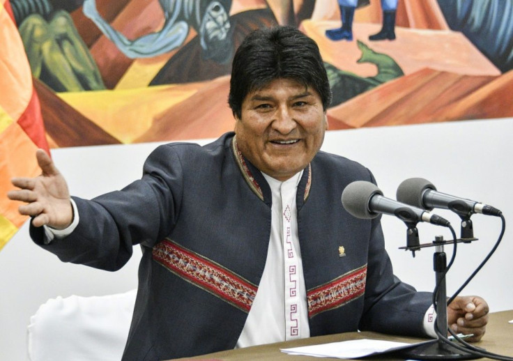 President Evo Morales, declared the winner of recent elections in Bolivia, has promised to hold a new round of voting if proof of fraud emerges; he is seen here speaking to reporters in La Paz on October 24, 2019
