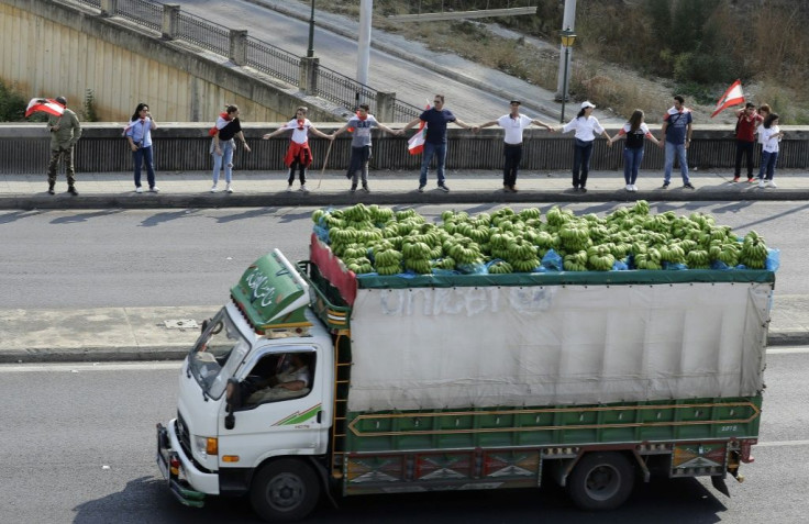 Protestors join hands in Nahr al-Kalb, north of Beirut, in a symbol of anti-government protest and national unity