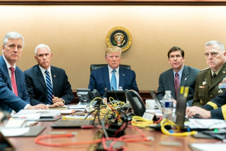 President Donald Trump and top staff monitor the Syria raid on live video from the Situation Room in this White House handout