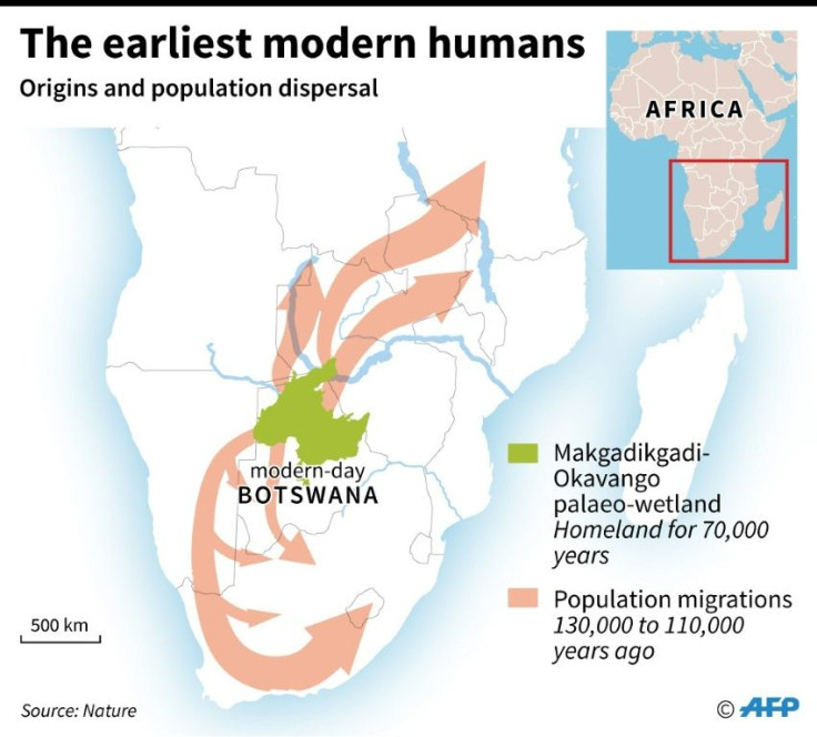 Map of southern Africa showing the origins of the earliest modern humans in the Makgadikgadi-Okavango paelo-wetland and subsequent population dispersal to the northeast and southwest Botswana science genetics origin