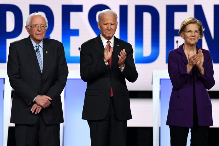 Democratic presidential hopefuls (from L) Vermont Senator Bernie Sanders, former US vice president Joe Biden and Massachusetts Senator Elizabeth Warren are leading the race to win the nomination