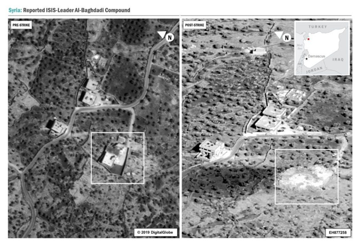 This image released by the US Department of Defense shows before (L) and after (R) pictures of the compound in Syria where Islamic State group leader Abu Bakr al-Baghdadi died in a US raid