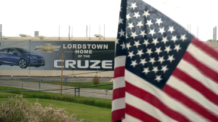 In this still image taken from video, a US flag flies near the Lordstown, Ohio, Chevrolet factory