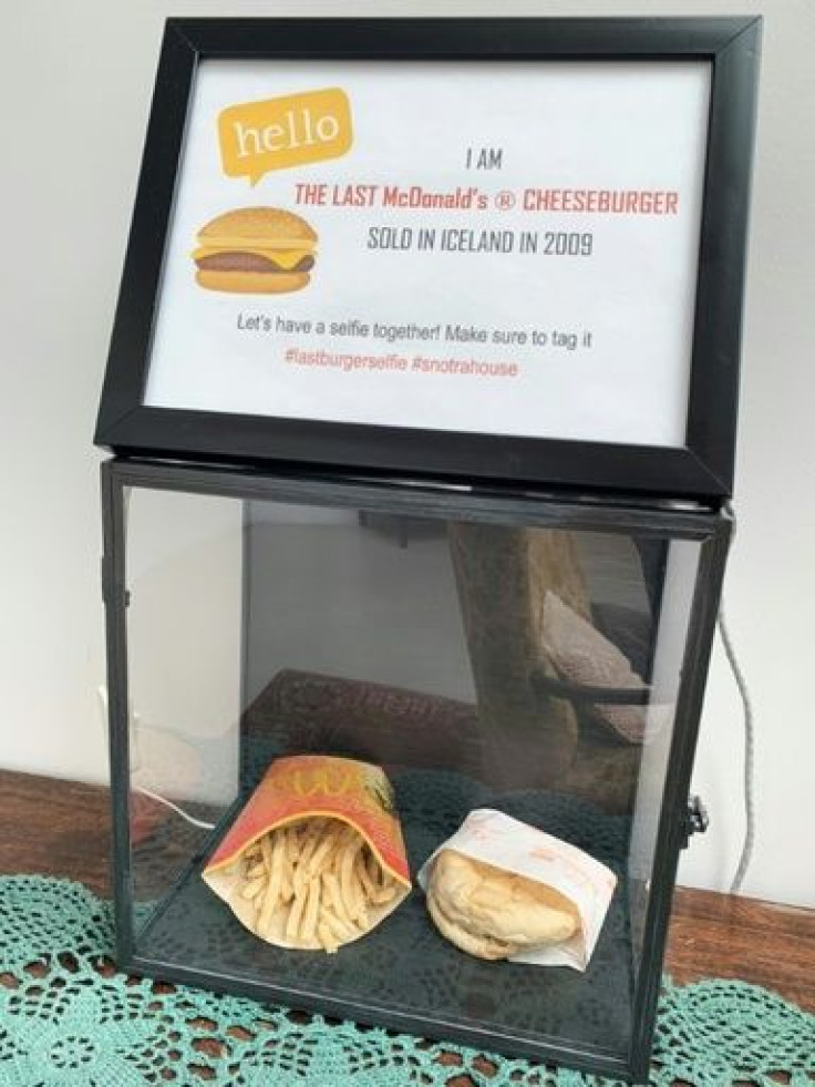 A burger with a side of fries protected in a glass case is on display like an artwork at a hostel in outhern Iceland