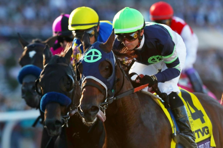 Jockey Flavien Prat aboard Storm the Court on the way to victory in the 2019 Breeders' Cup Juvenile at Santa Anita