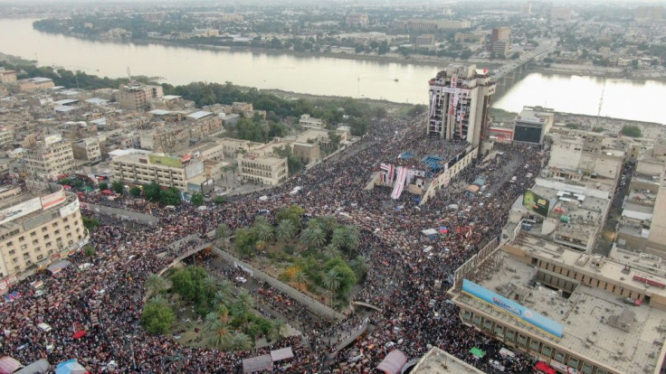 Iraqi protesters gathered at Baghdad's Tahrir Square near Al-Jumhuriya bridge which leads to the high-security Green Zone across the Tigris River