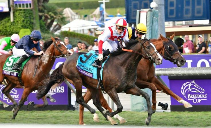 Jockey Irad Ortiz rides Bricks And Mortar to victory in the Breeders Cup Turf at Santa Anita
