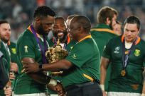 South African President Cyril Ramaphosa congratulated victorious Springboks skipper Siya Kolisi after the Rugby World Cup final in Yokohama