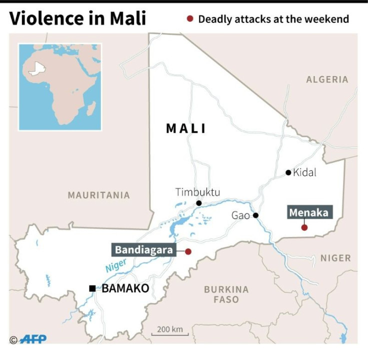 Map locating areas of deadly attacks against Malian and French soldiers in Mali at the weekend
