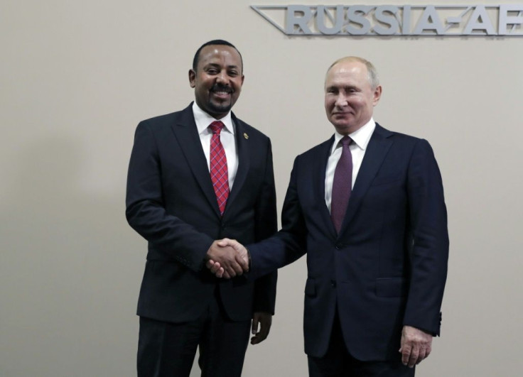 Protests against Abiy Ahmed, this year's Nobel Peace Prize laureate, erupted in Addis Ababa and in Ethiopia's Oromia region after an activist accused security forces of trying to orchestrate an attack against him; pictured October 23 2019 with Russian Pre