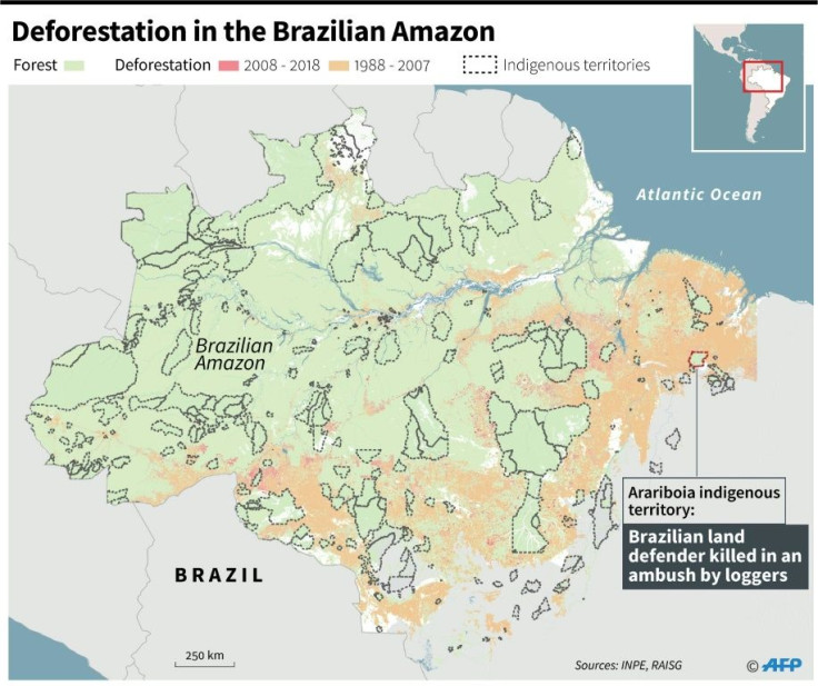 Map of deforestation and indigenous territories in Brazil, including the area where a land defender was killed in an ambush by loggers on November 1, 2019