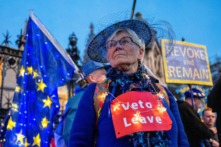 Anti-Brexit activists demonstrate outside of the the Houses of Parliament