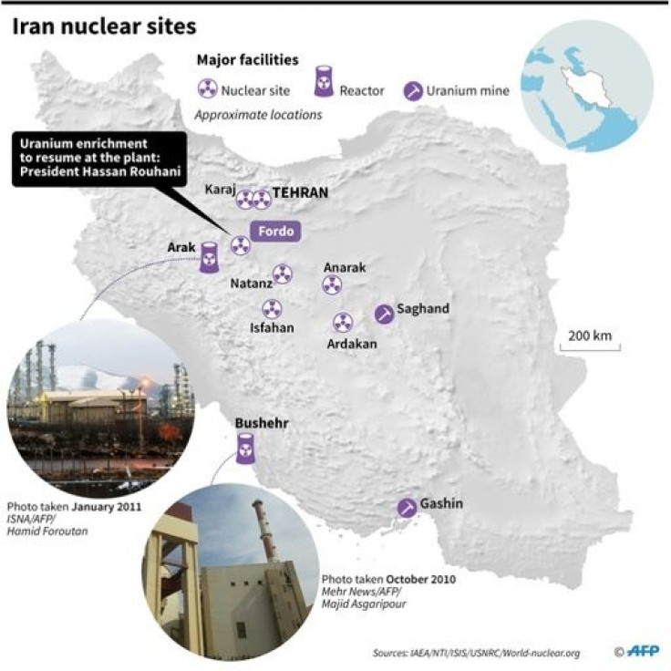 Map of Iran showing main nuclear facilities, including Fordo where uranium enrichment is to resume, according to President Hassan Rouhani on Tuesday