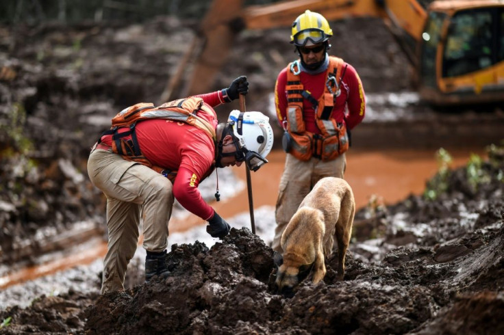 A sniffer dog locates body parts as emergency crews continued the slow process of picking through the mud looking for bodies in May 2019, 99 days after the collapse of the Corrego do Feijao Dam