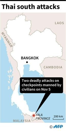 Map of Thailand locating Yala province where at least fifteen people were killed and another four injured in attacks by suspected Muslim rebels on November 5
