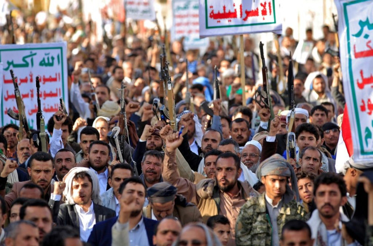 Supporters of Yemen's Iran-backed Huthi rebels demonstrate in the capital Sanaa, which remains under rebel control despite four years of Saudi-led military intervention