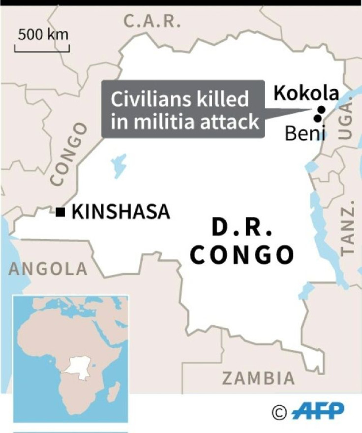 Map of DR Congo locating Kokola where ten civilians were killed in a militia attack, a local official said