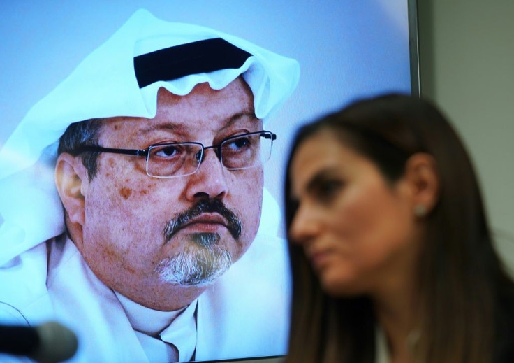 A picture of murdered Saudi journalist Jamal Khasshoggi (L), along with Sherine Tadros, head of the New York Office of Amnesty International